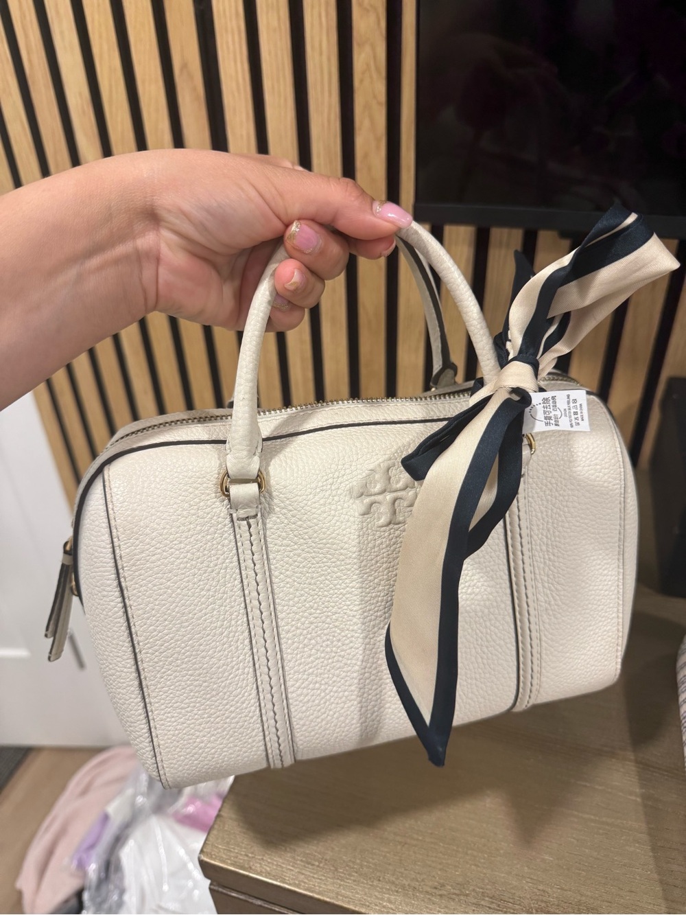 Tory Burch Cream Pebbled Leather Top-Handle Satchel with Striped Scarf